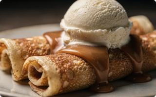Panqueques con dulce de leche y helado